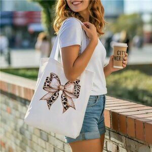 Reusable Canvas Shoulder Bag with Leopard Bow Graphic Design